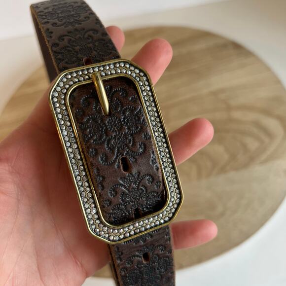 Brown Genuine Italian Leather Embossed USA Brass Sparkle Buckle Belt Size S/M main image 10